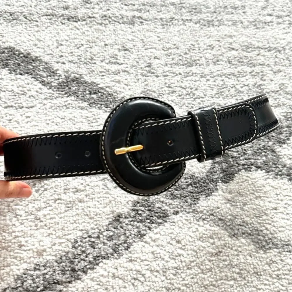 Doppia Vita Vintage Black Leather Belt Oversized Buckle 24
